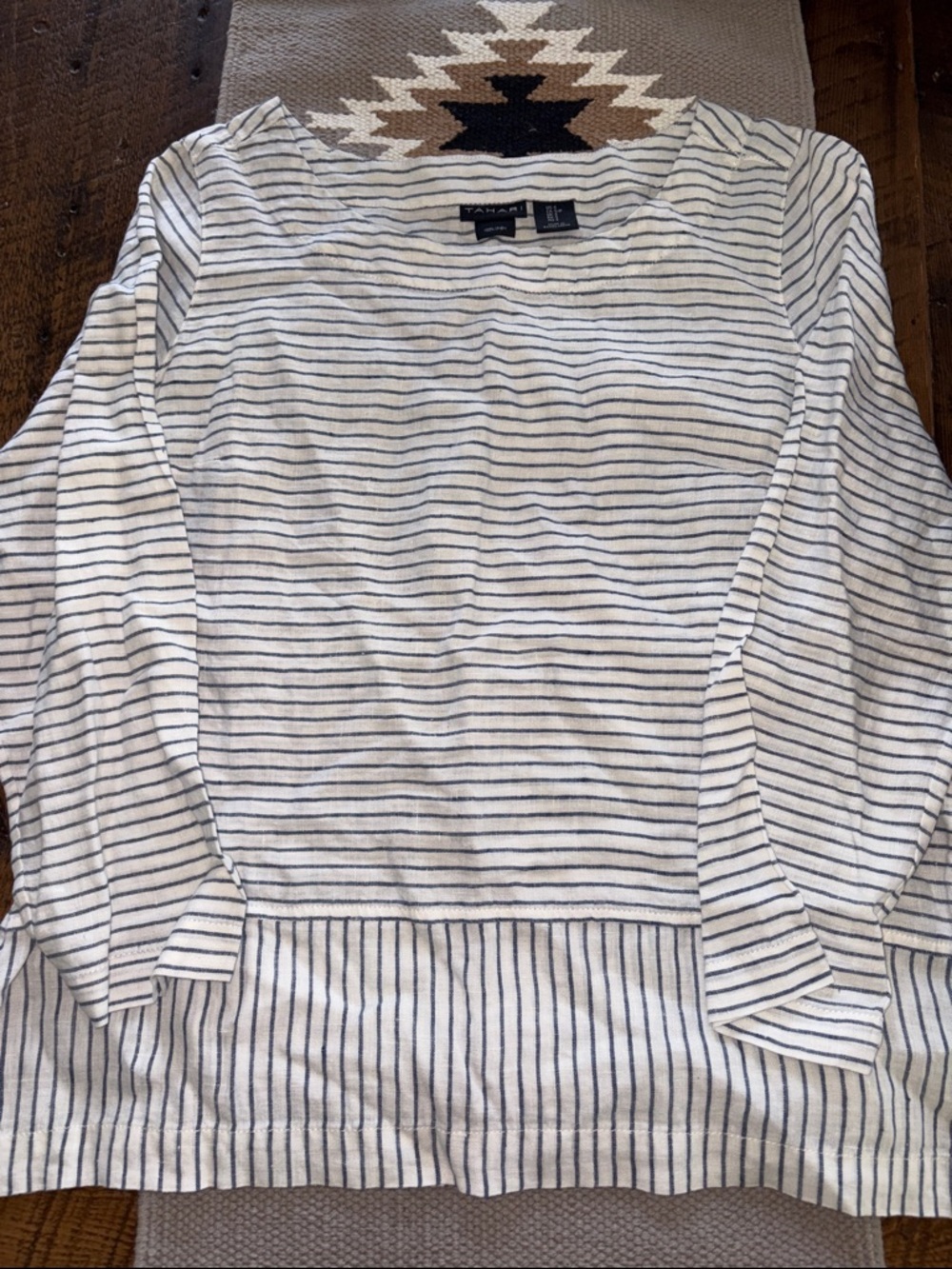 Tahari Navy Striped Linen Top